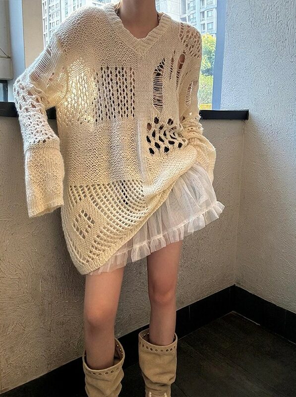 Off-White Crochet V-Neck Sweater