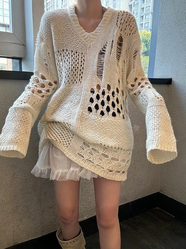Off-White Crochet V-Neck Sweater