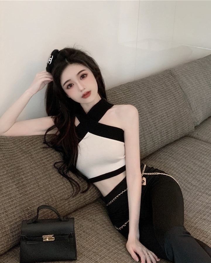 White Cropped Top With Black Halter Details