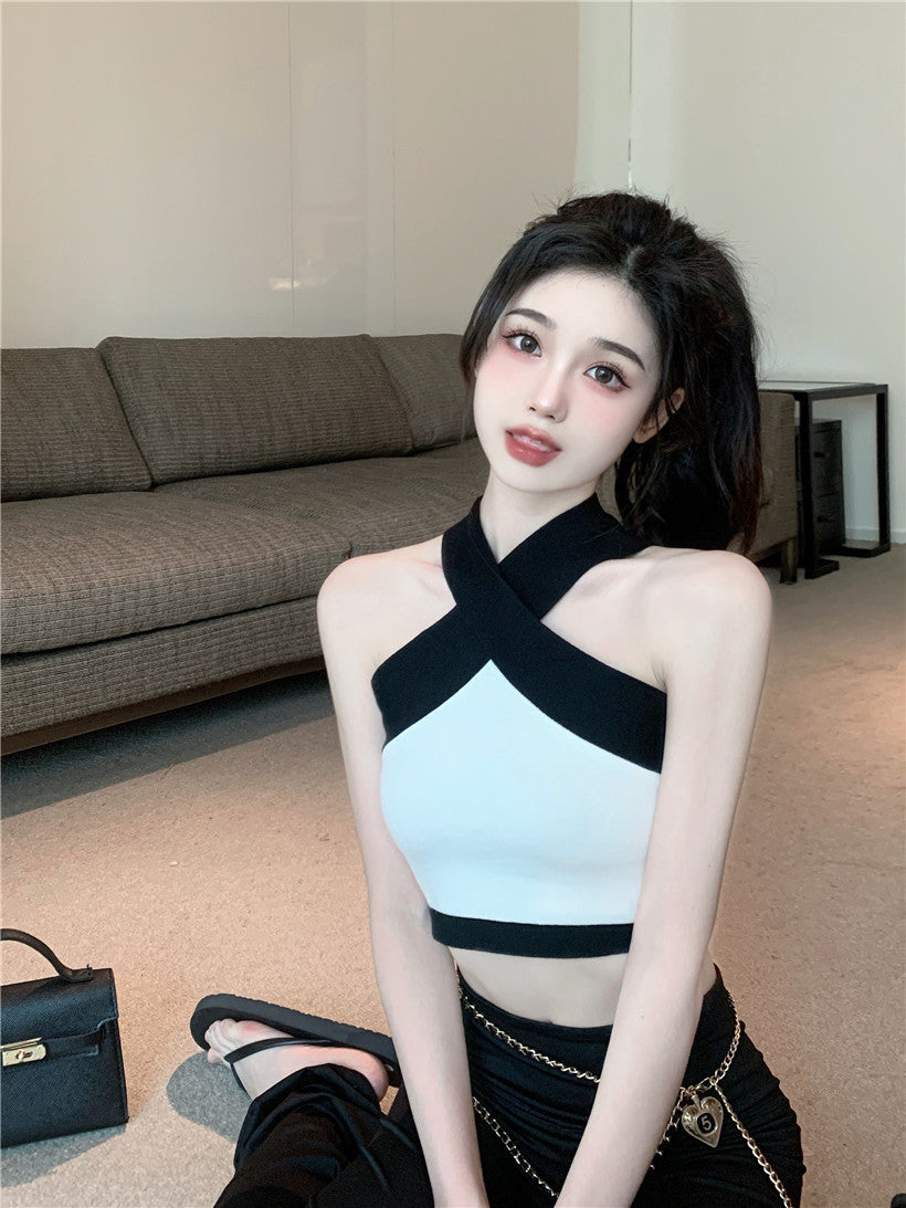 White Cropped Top With Black Halter Details