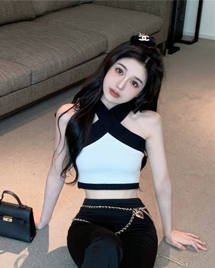 White Cropped Top With Black Halter Details