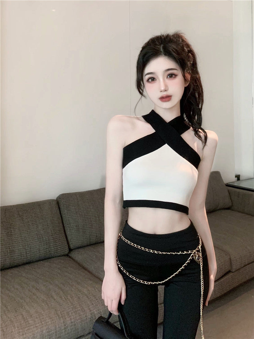 White Cropped Top With Black Halter Details