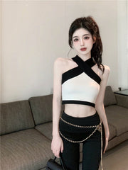 White Cropped Top With Black Halter Details