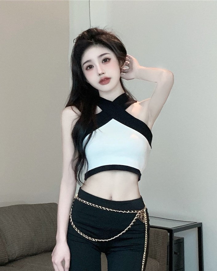 White Cropped Top With Black Halter Details