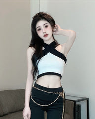 White Cropped Top With Black Halter Details
