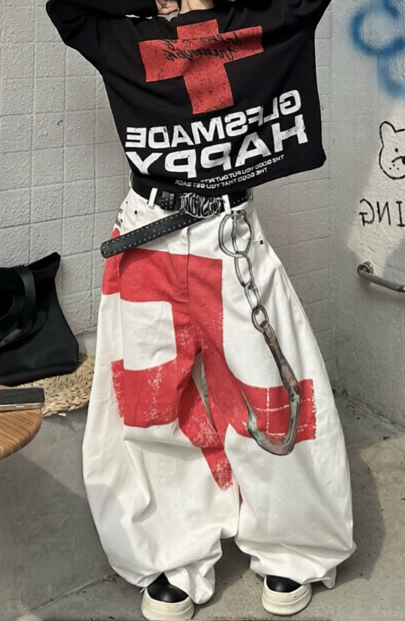 White Cross Graffiti Baggy Jeans