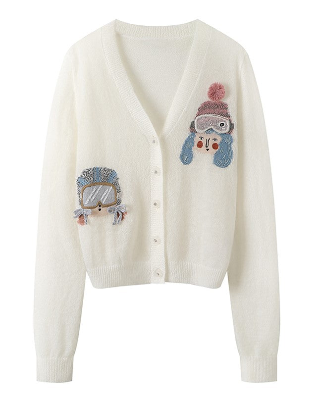 White Cute Skier Cardigan