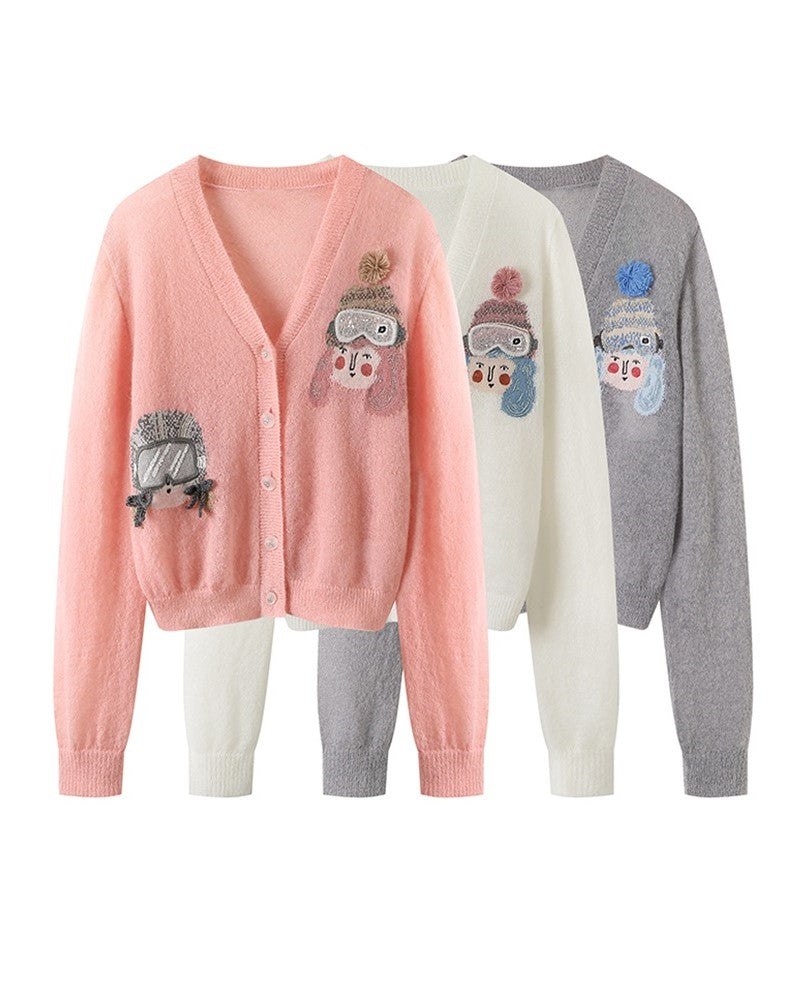 White Cute Skier Cardigan