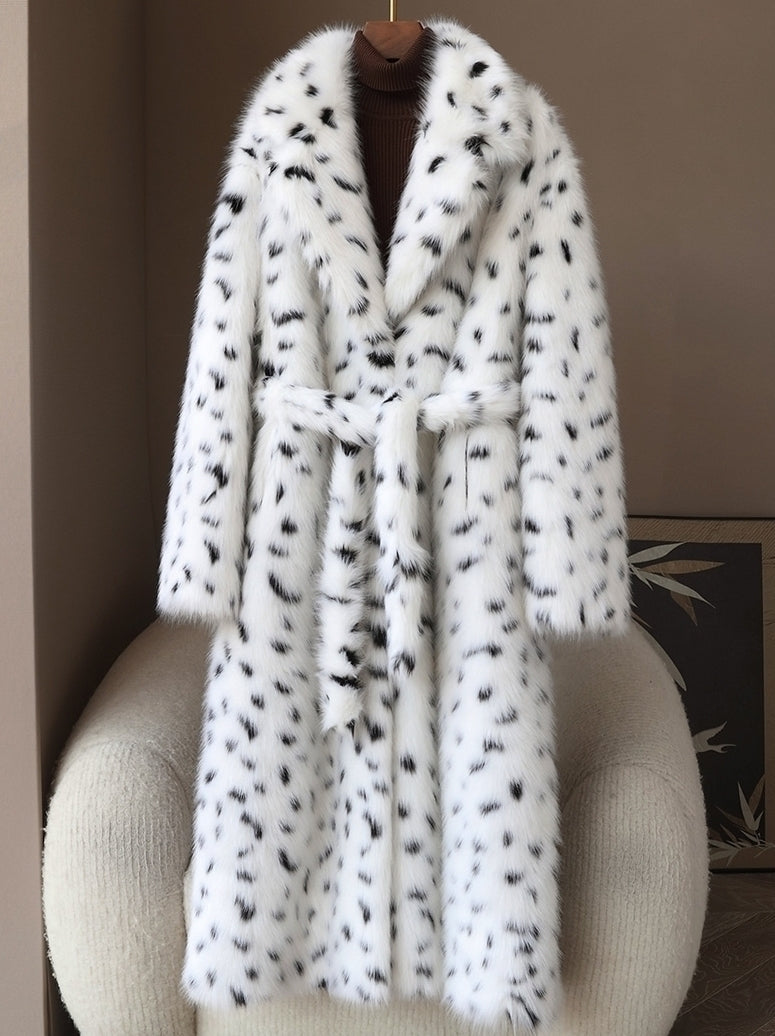 White Dalmatian Pattern Faux Fur Long Coat