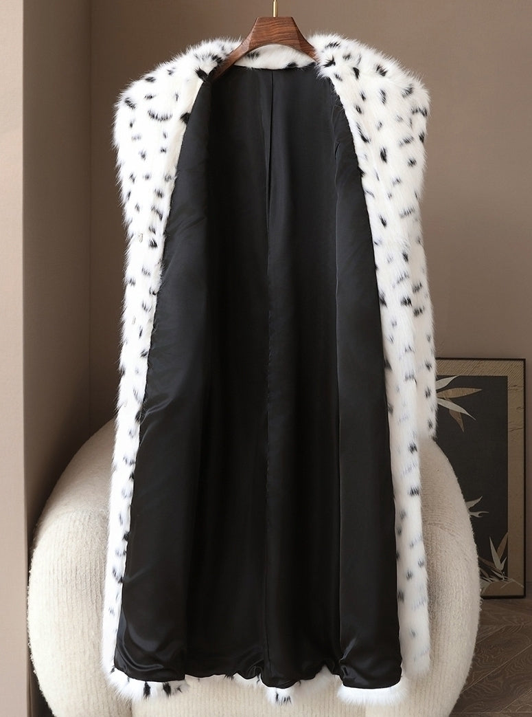 White Dalmatian Pattern Faux Fur Long Coat
