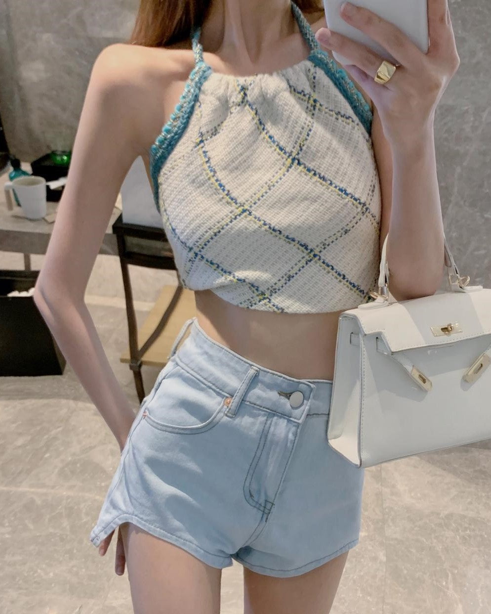White Diamond Pattern Halter Top