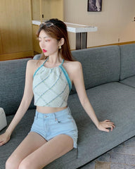 White Diamond Pattern Halter Top