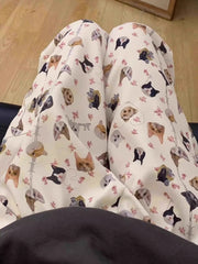 White Dogs And Cats Pattern Multi-Pocket Pants