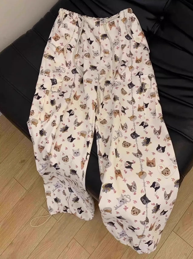 White Dogs And Cats Pattern Multi-Pocket Pants