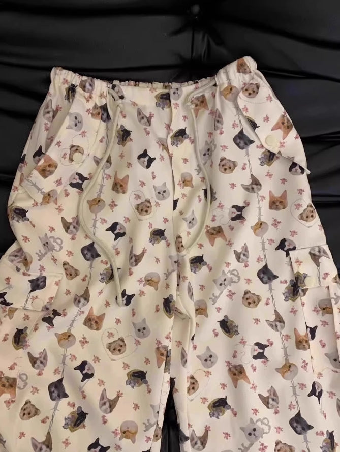 White Dogs And Cats Pattern Multi-Pocket Pants