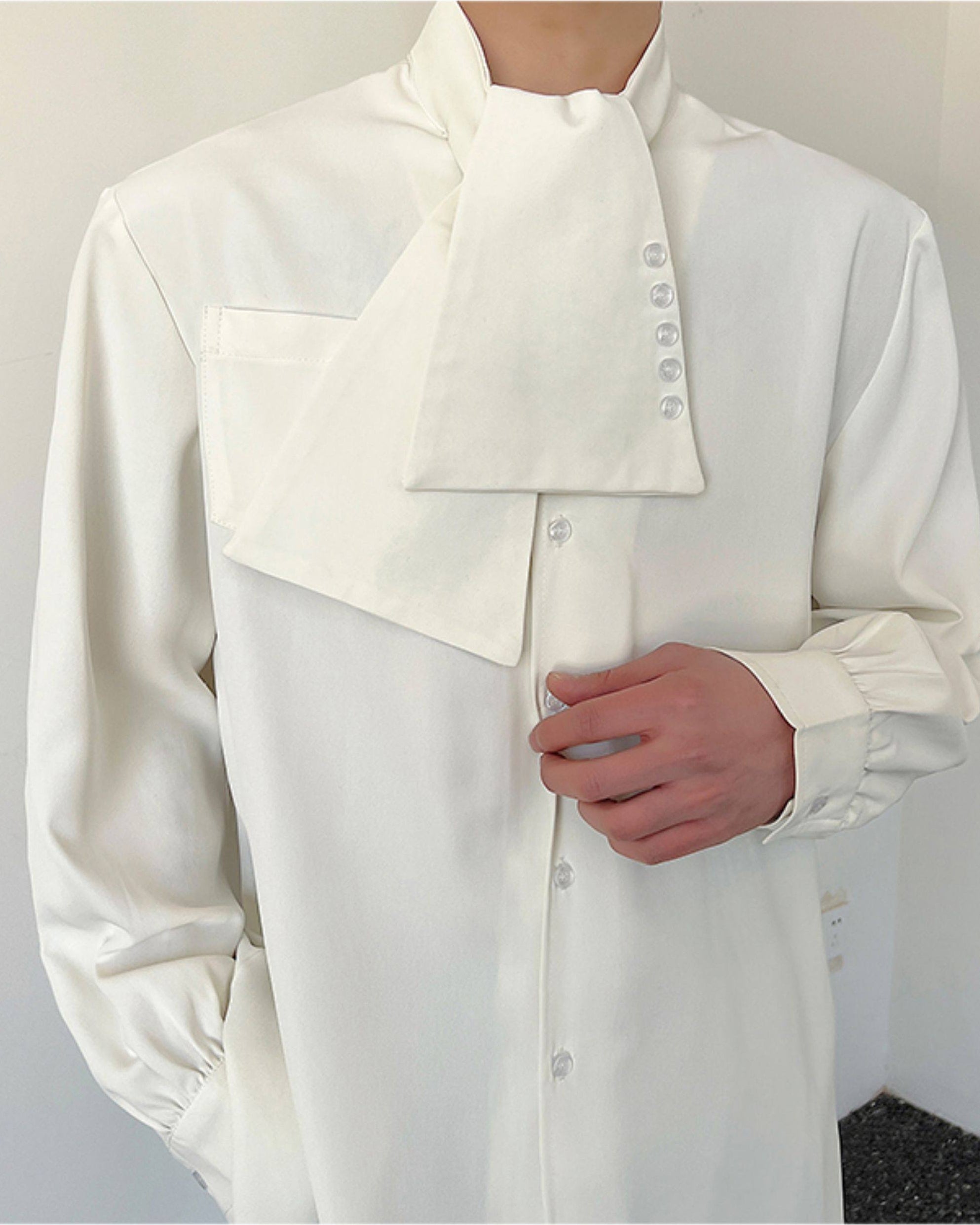 White Draped Neck Button Shirt