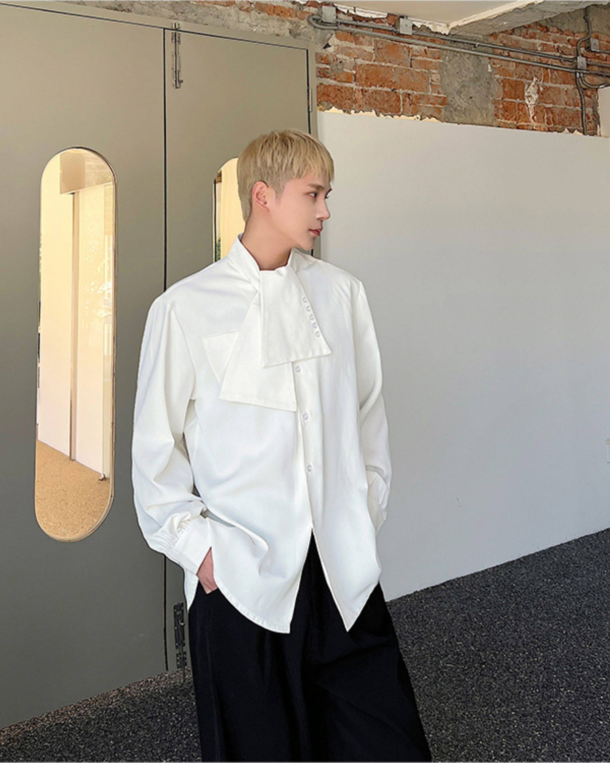 White Draped Neck Button Shirt