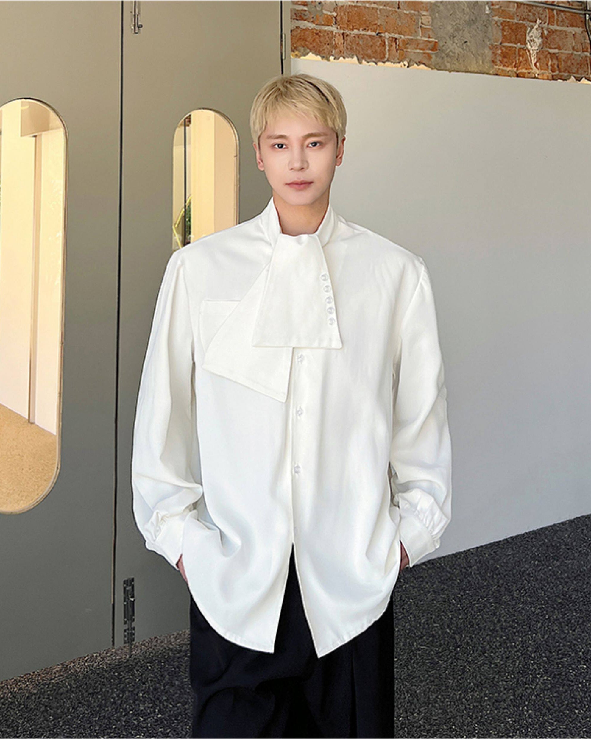White Draped Neck Button Shirt