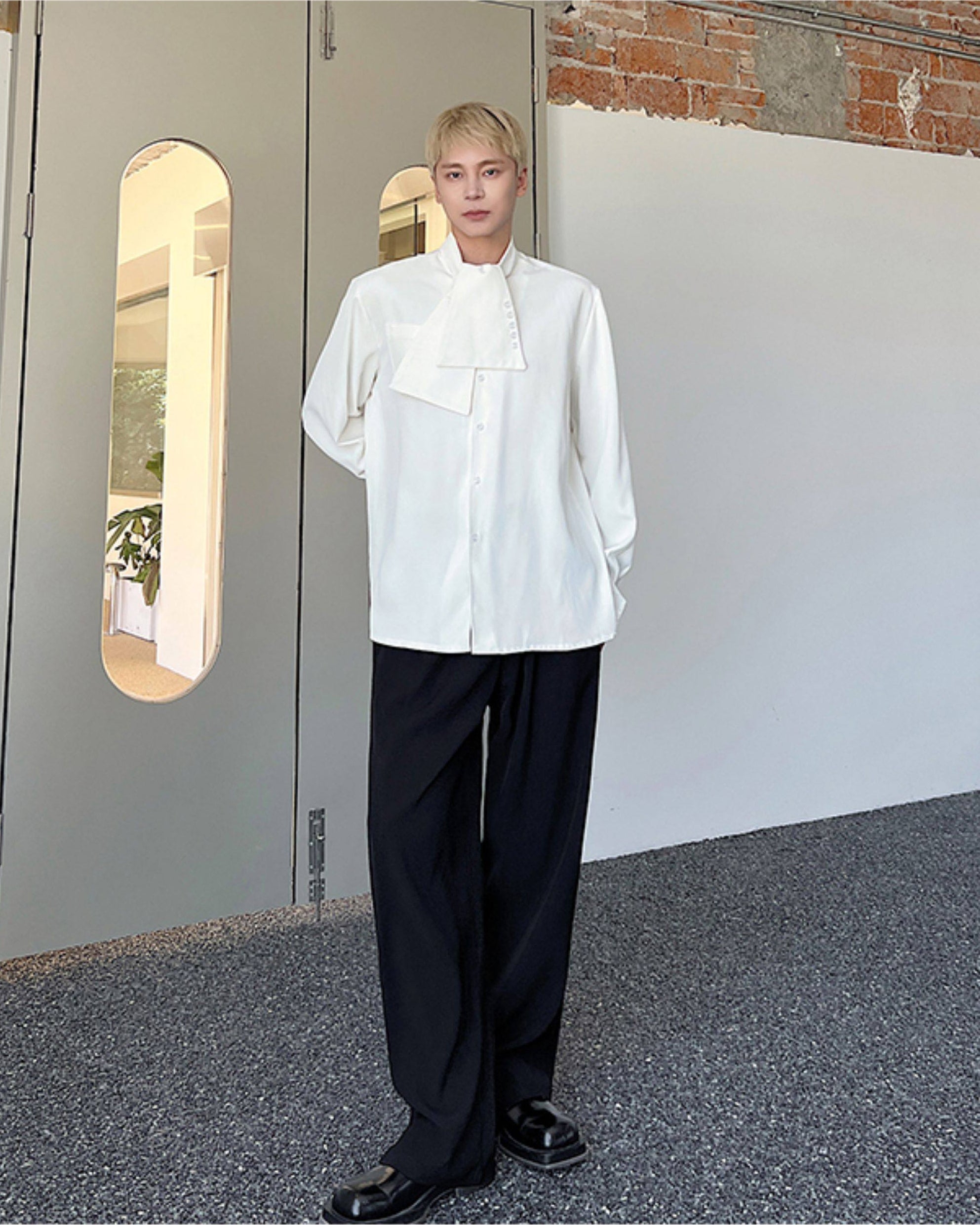 White Draped Neck Button Shirt