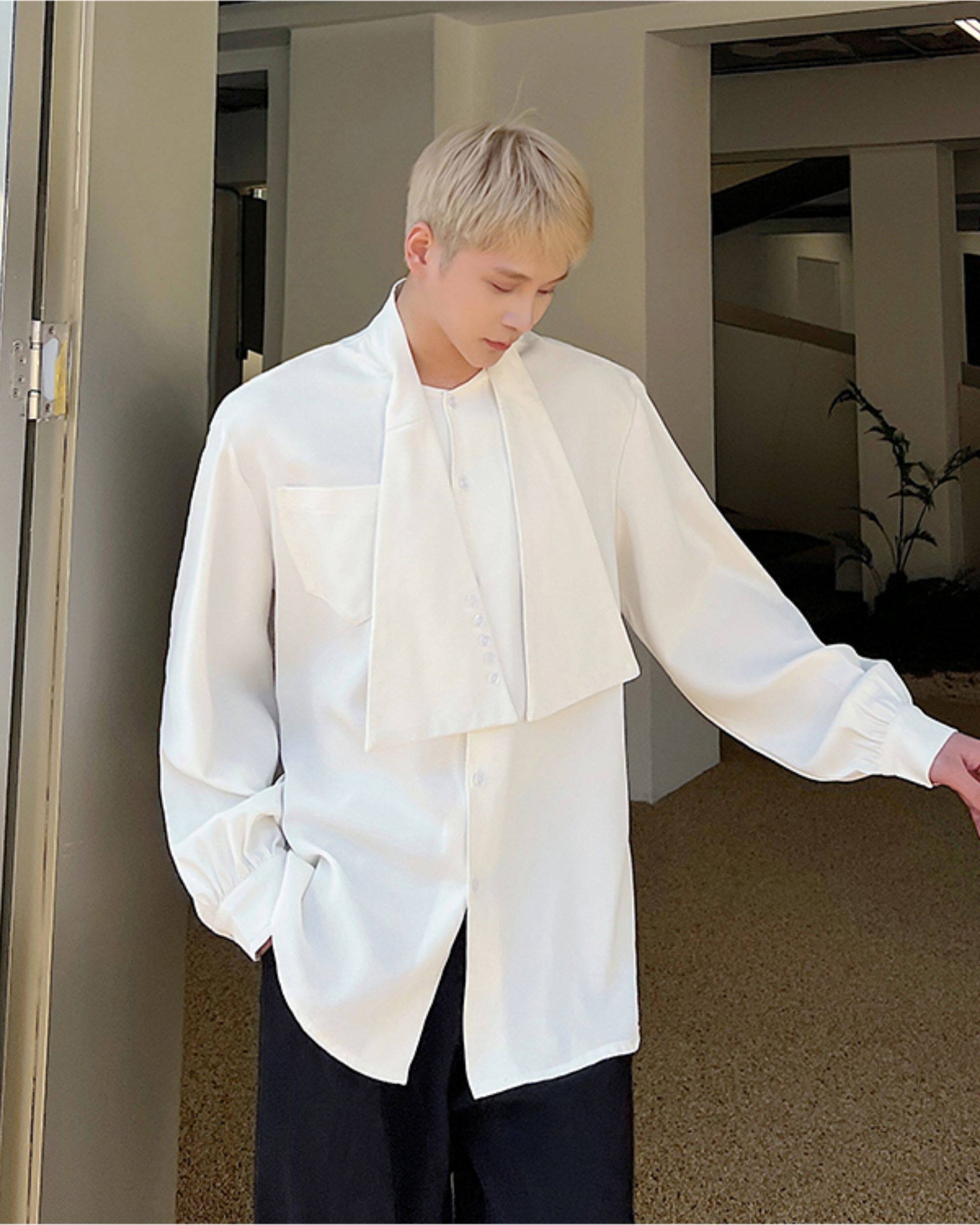 White Draped Neck Button Shirt