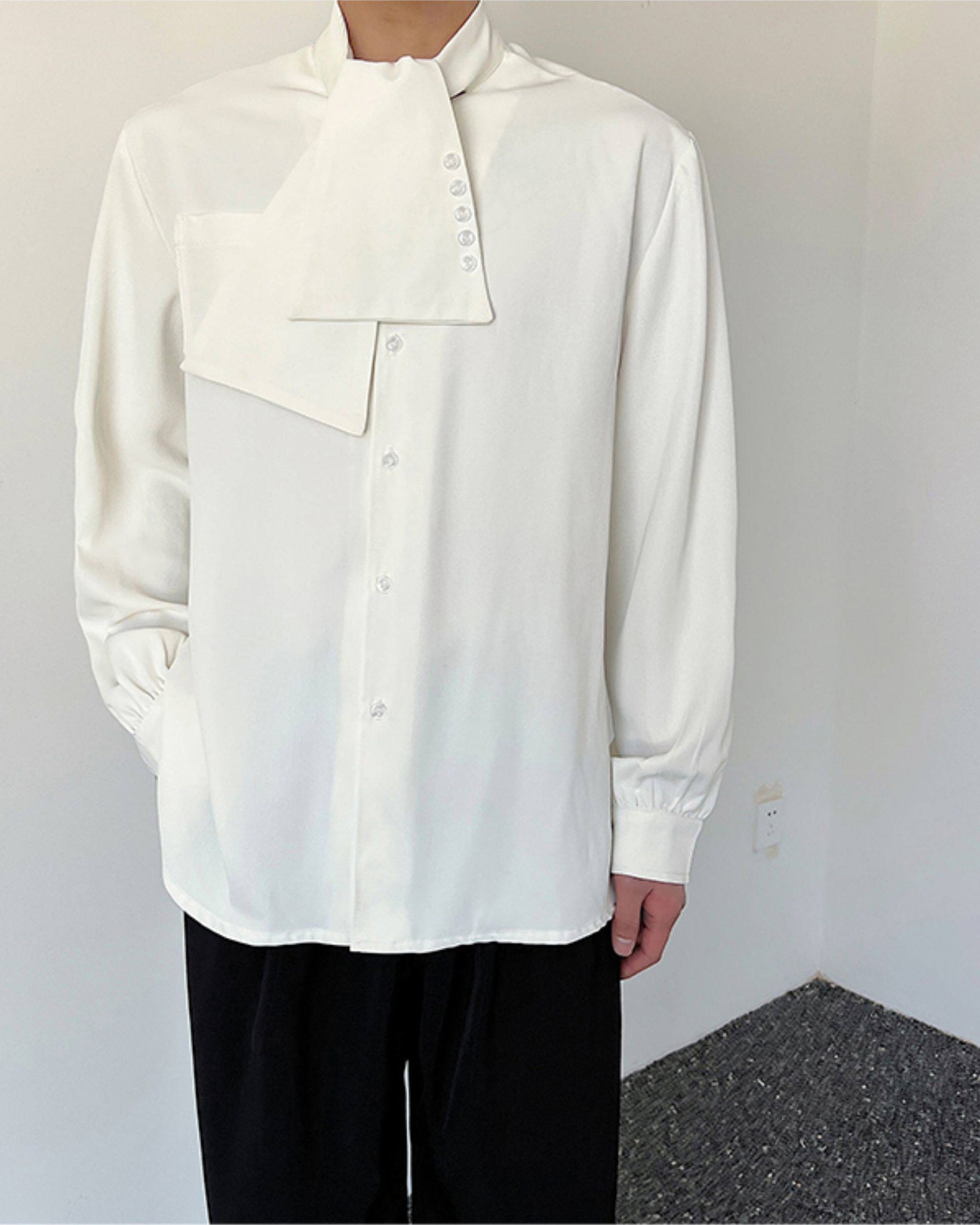 White Draped Neck Button Shirt