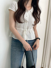 White Drawstring Waist Knitted Top