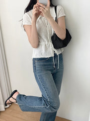 White Drawstring Waist Knitted Top