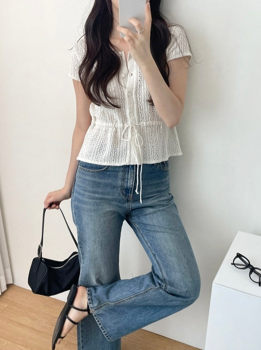 White Drawstring Waist Knitted Top