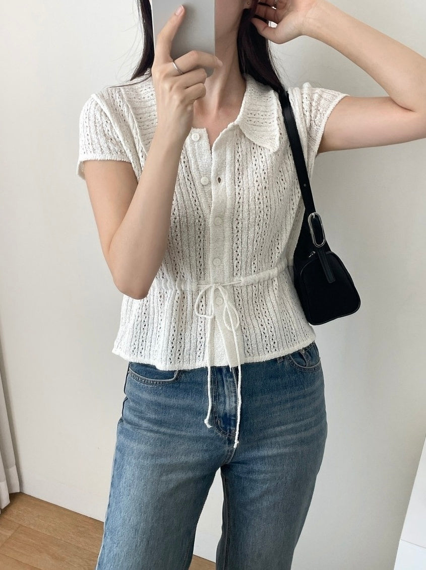 White Drawstring Waist Knitted Top