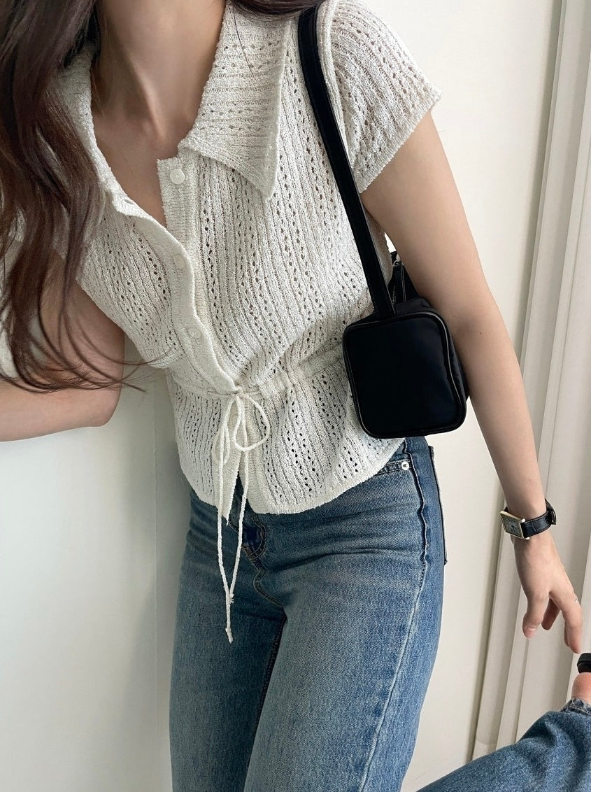 White Drawstring Waist Knitted Top