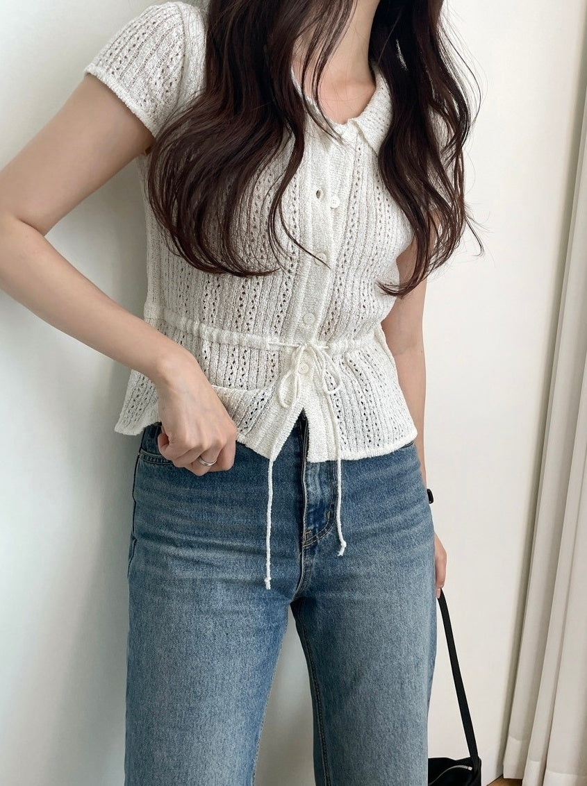 White Drawstring Waist Knitted Top