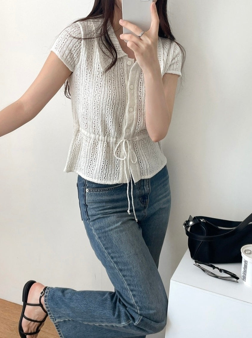 White Drawstring Waist Knitted Top