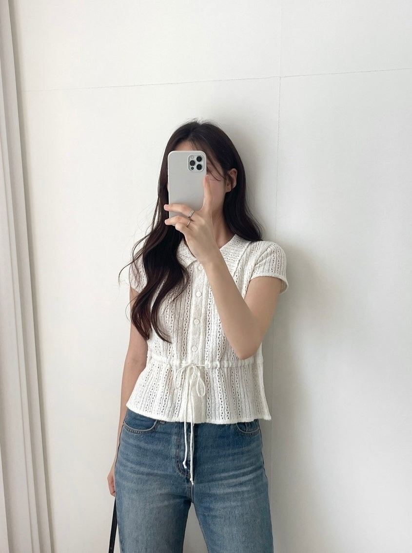 White Drawstring Waist Knitted Top