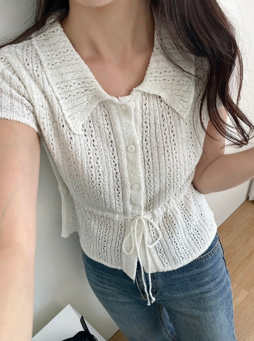 White Drawstring Waist Knitted Top