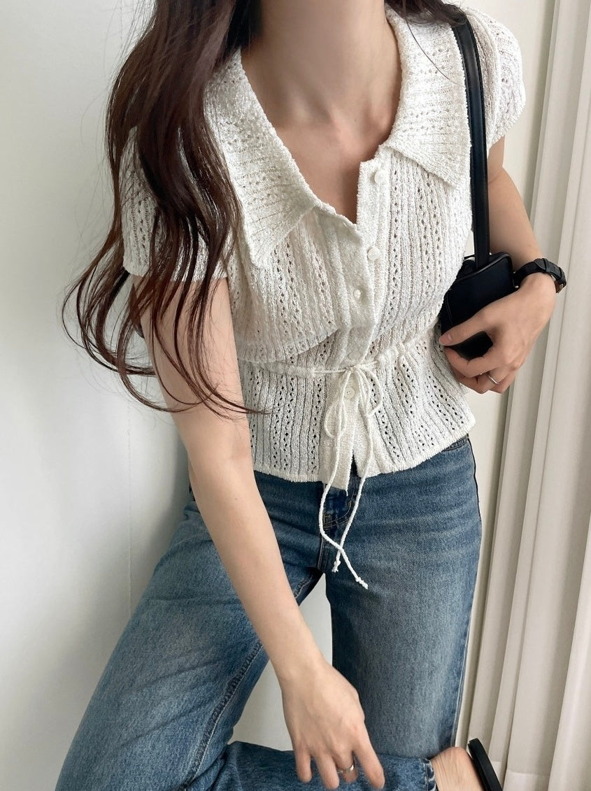White Drawstring Waist Knitted Top