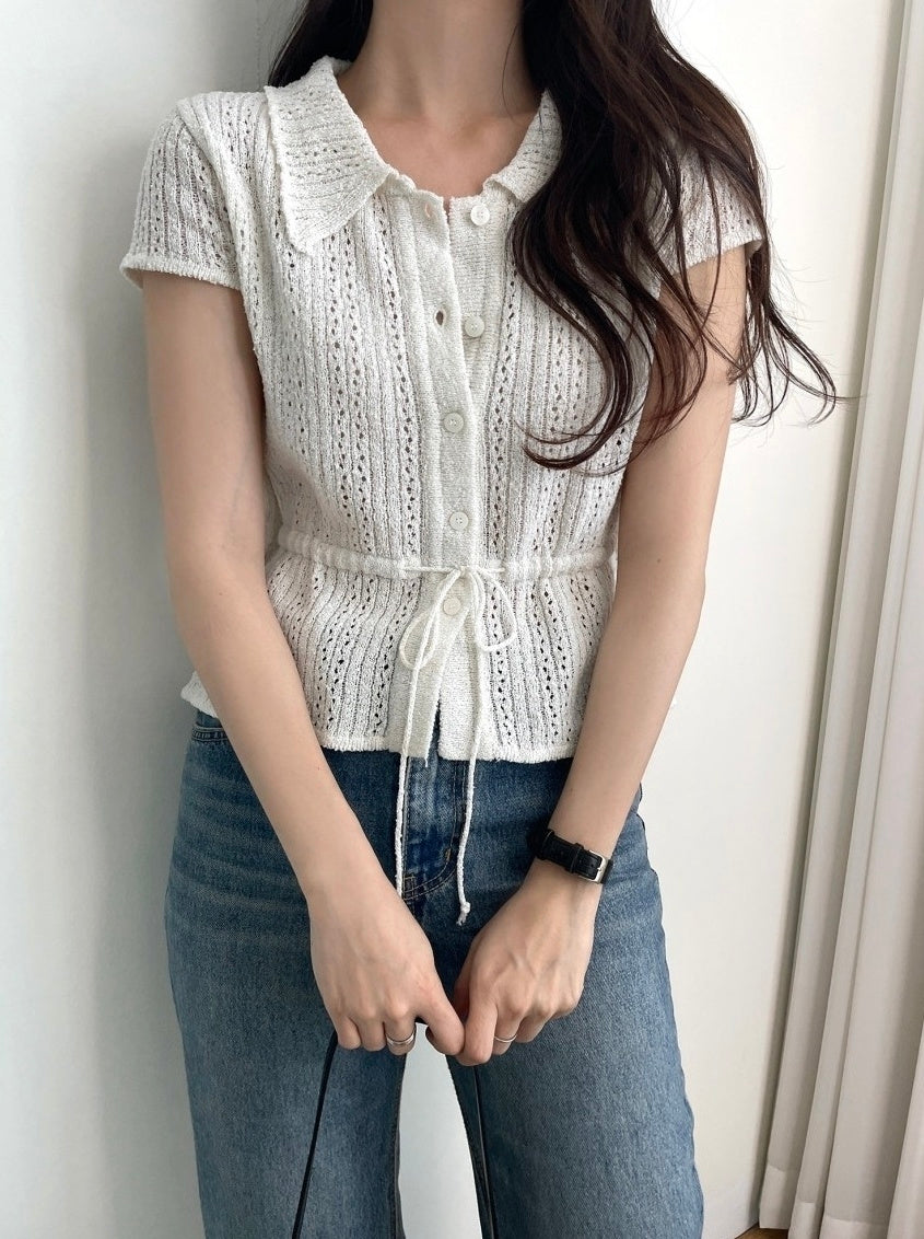 White Drawstring Waist Knitted Top