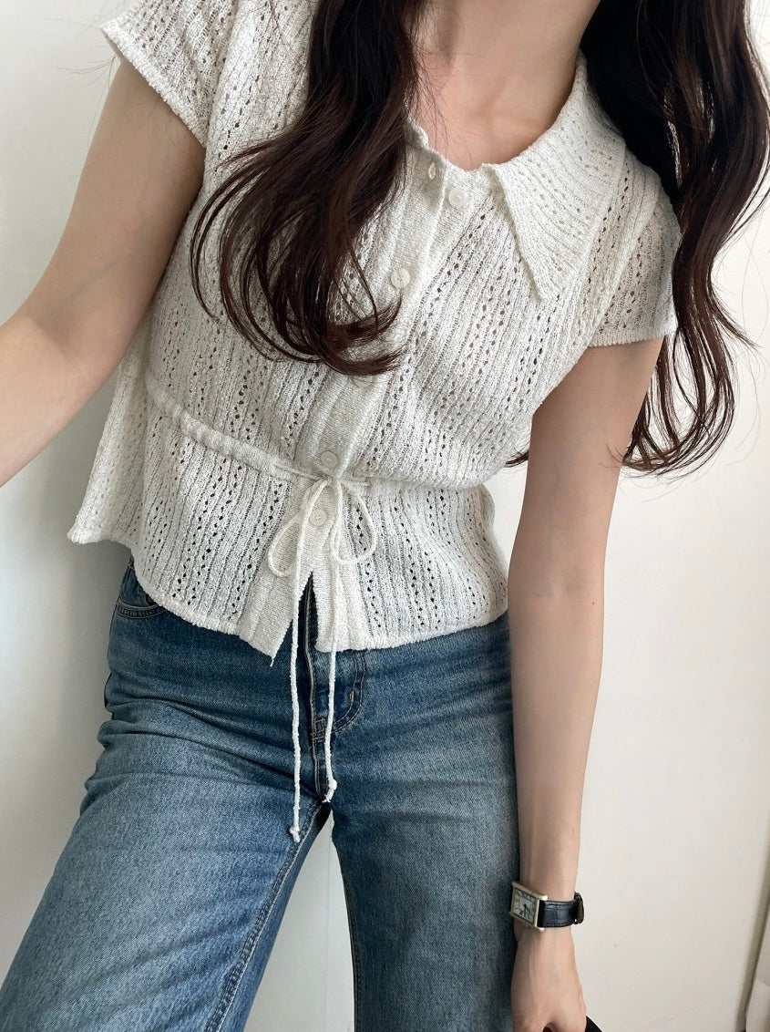 White Drawstring Waist Knitted Top
