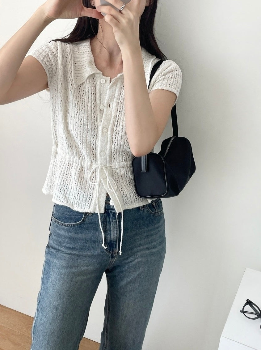 White Drawstring Waist Knitted Top