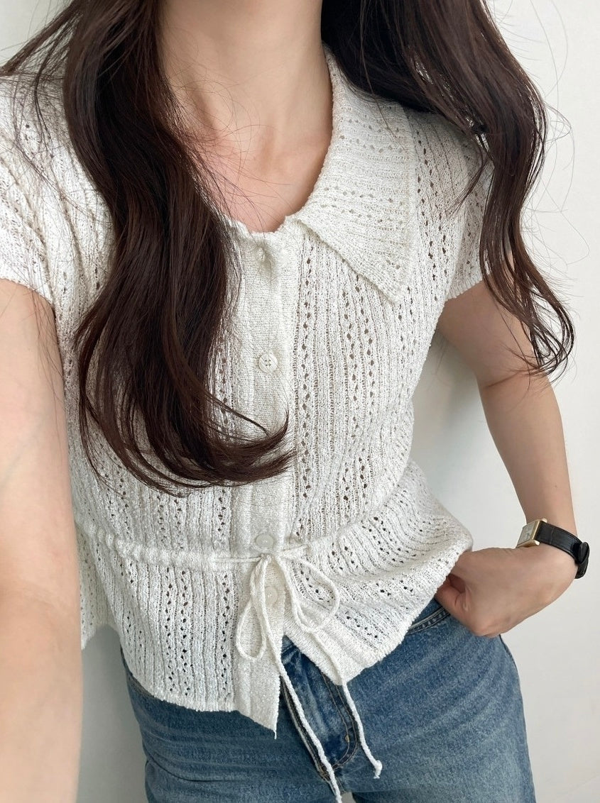 White Drawstring Waist Knitted Top