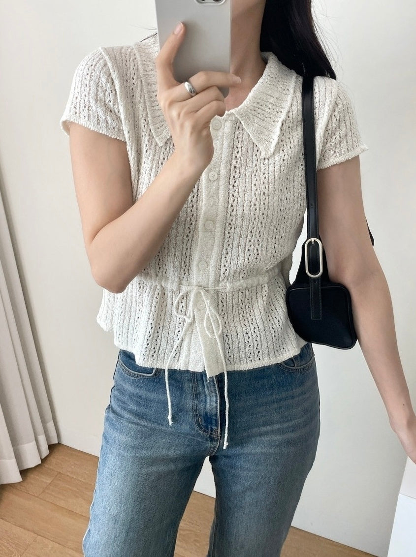 White Drawstring Waist Knitted Top