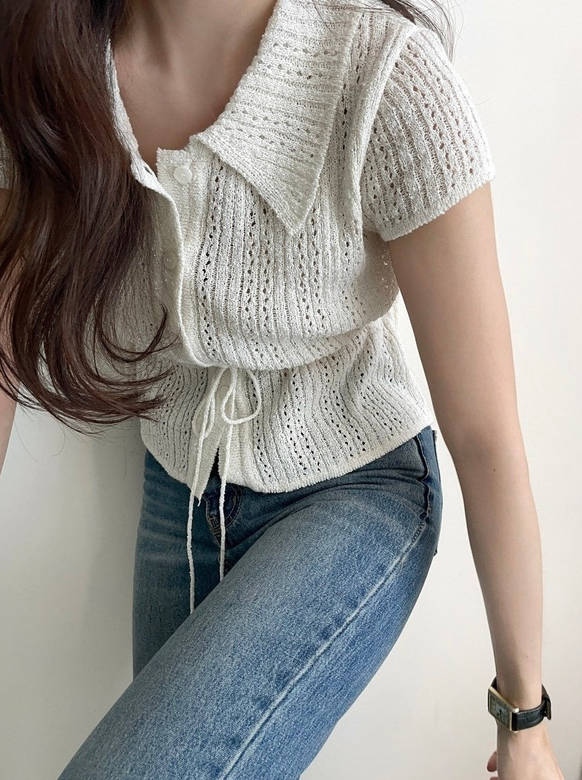 White Drawstring Waist Knitted Top