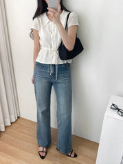 White Drawstring Waist Knitted Top