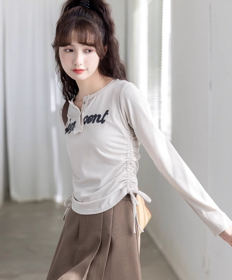 White Drawstrings Long Sleeves Top