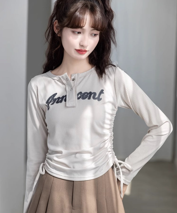 White Drawstrings Long Sleeves Top
