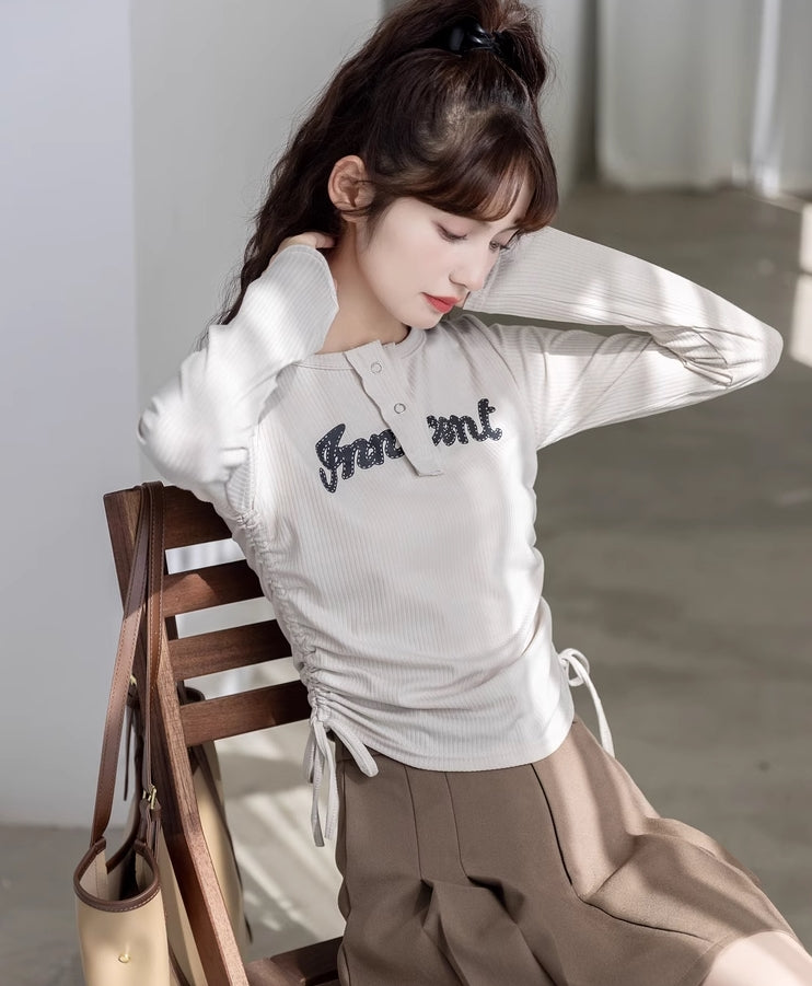 White Drawstrings Long Sleeves Top