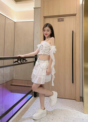 White Embellished Lace Top And Skirt Set