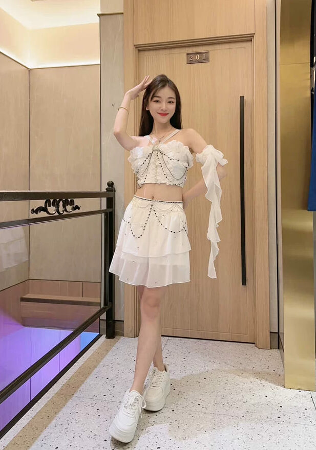 White Embellished Lace Top And Skirt Set