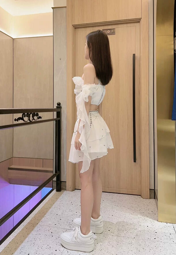 White Embellished Lace Top And Skirt Set