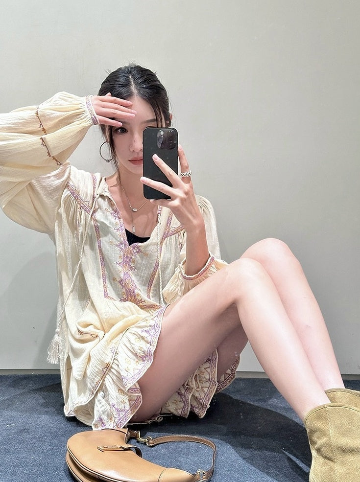 Beige Embroidered Boho Top
