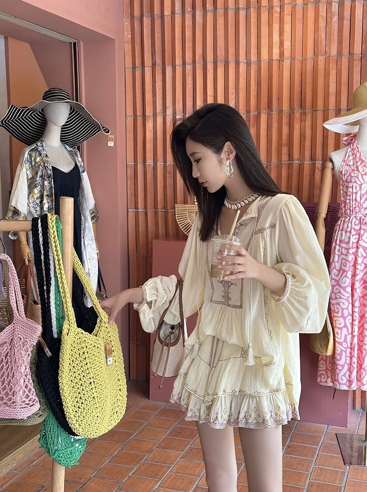 Beige Embroidered Boho Top